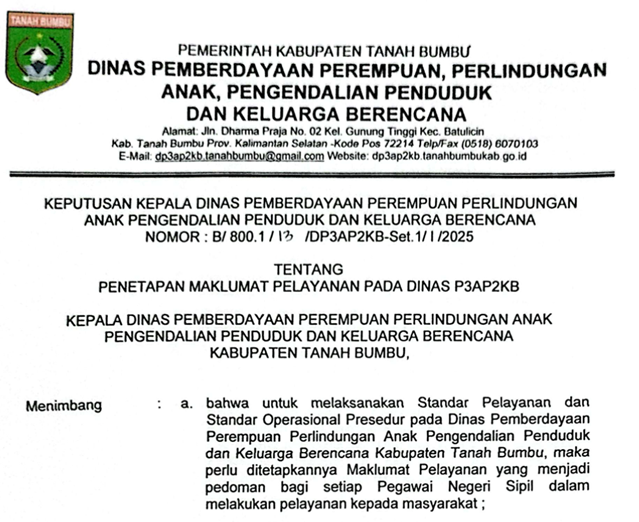 SK Penetapan Maklumat Pelayanan di Dinas P3AP2KB